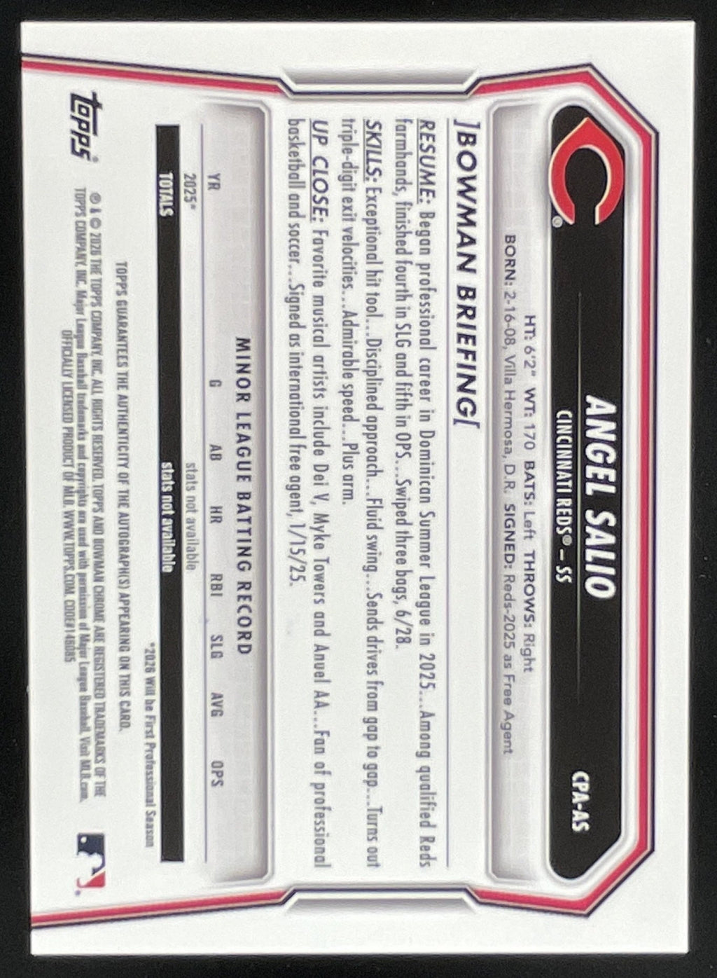 2026 Bowman Chrome Prospects Autograph #CPA-AS Angel Salio RC Auto product image 2, provided for visual reference and