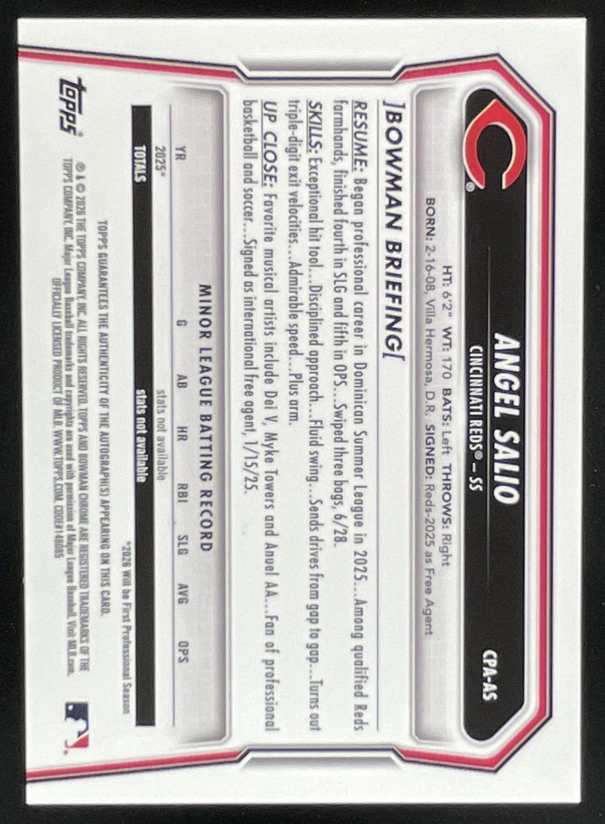 2026 Bowman Chrome Prospects Autograph #CPA-AS Angel Salio RC Auto product image 2, provided for visual reference and