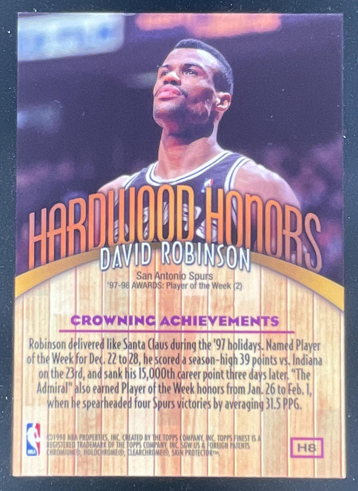1998-99 Topps Finest Hardwood Honors #H8 David Robinson product image 2, provided for visual reference and product detail