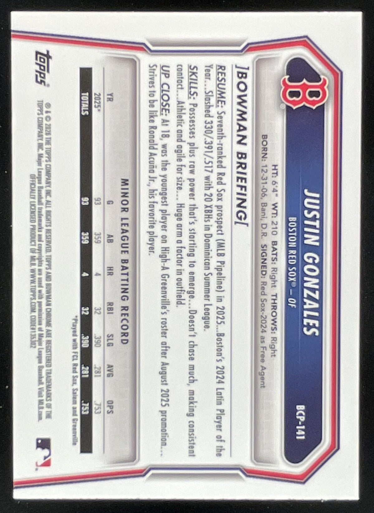 2026 Bowman Chrome Prospects Purple RayWave #BCP-141 Justin Gonzales RC /250 product image 2, provided for visual reference
