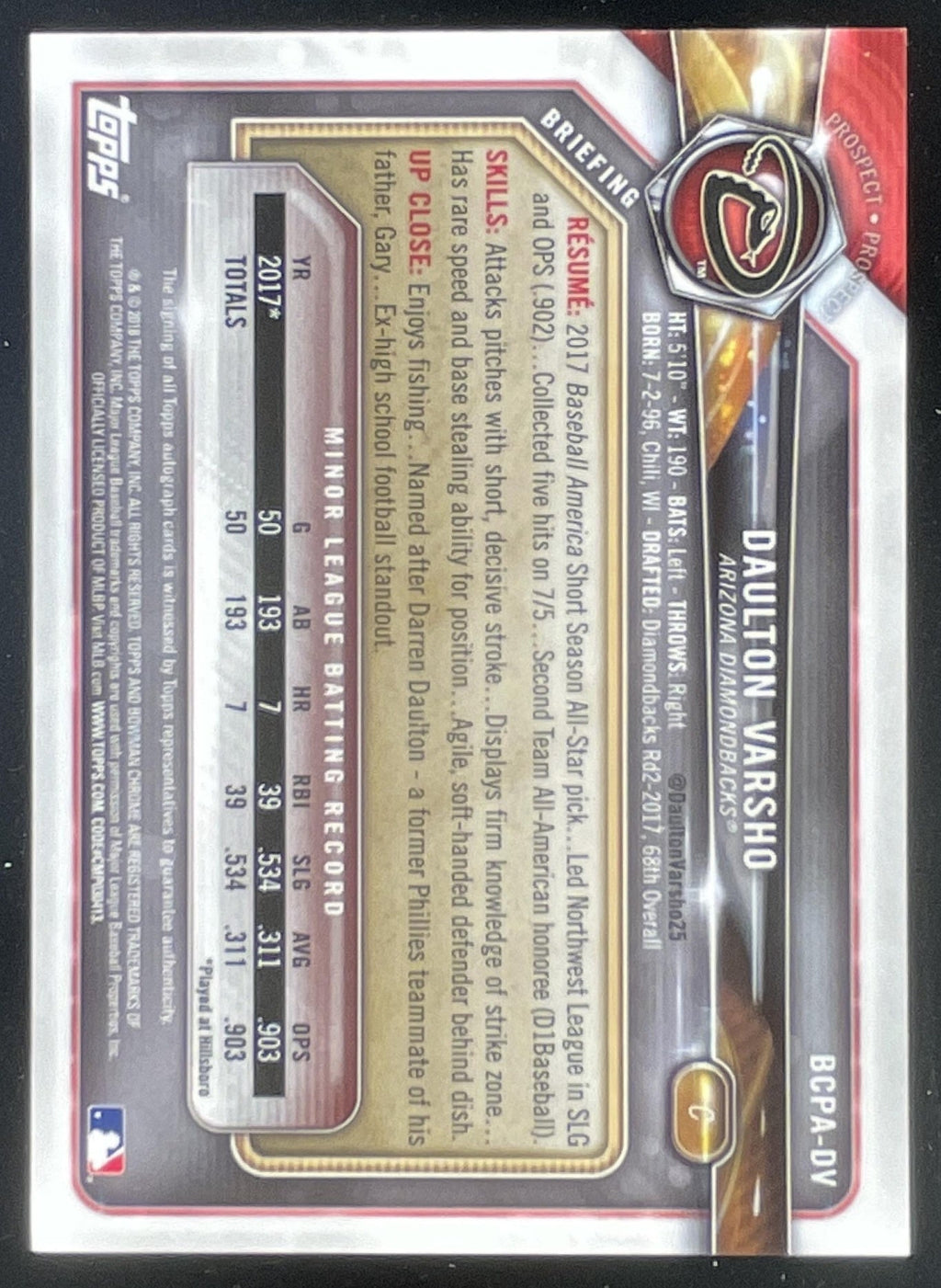 2018 Bowman Chrome Prospects Autographs #BCPA-DV Daulton Varsho Auto product image 2, provided for visual reference and
