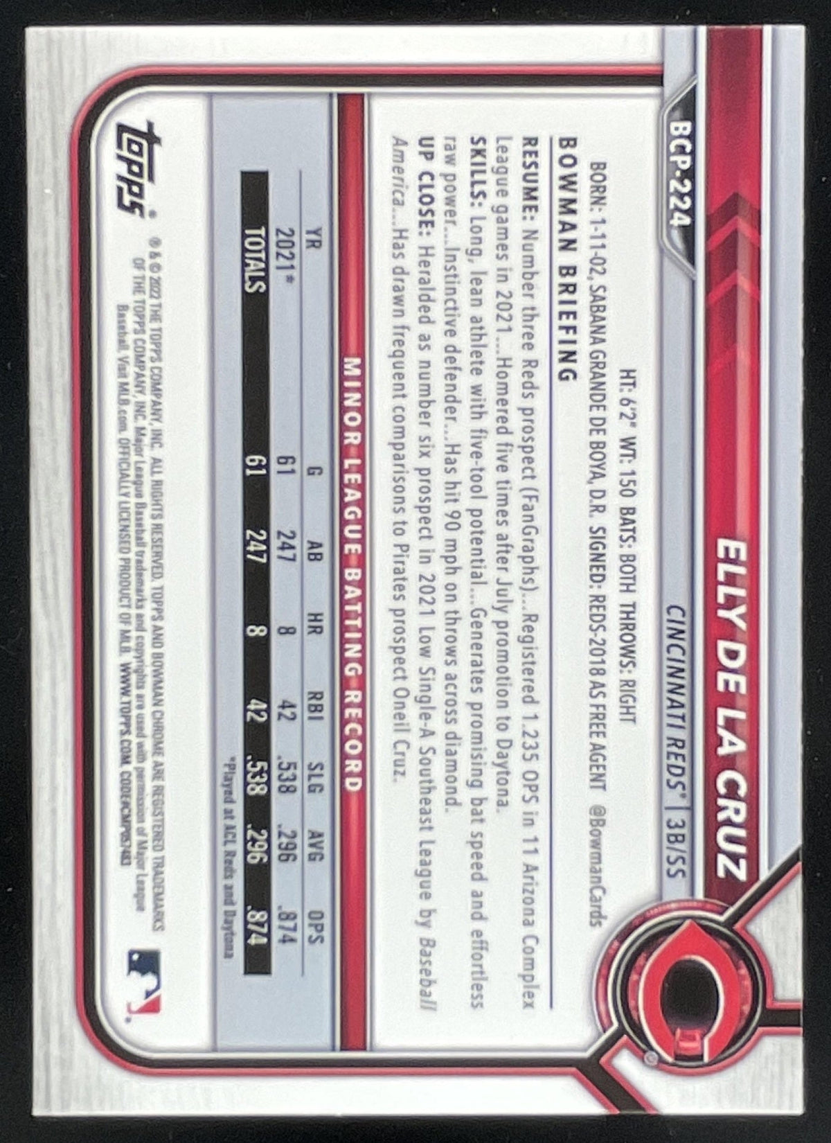 2022 Bowman Chrome Sapphire Chrome Prospects #BCP-224 Elly De La Cruz product image 2, provided for visual reference and