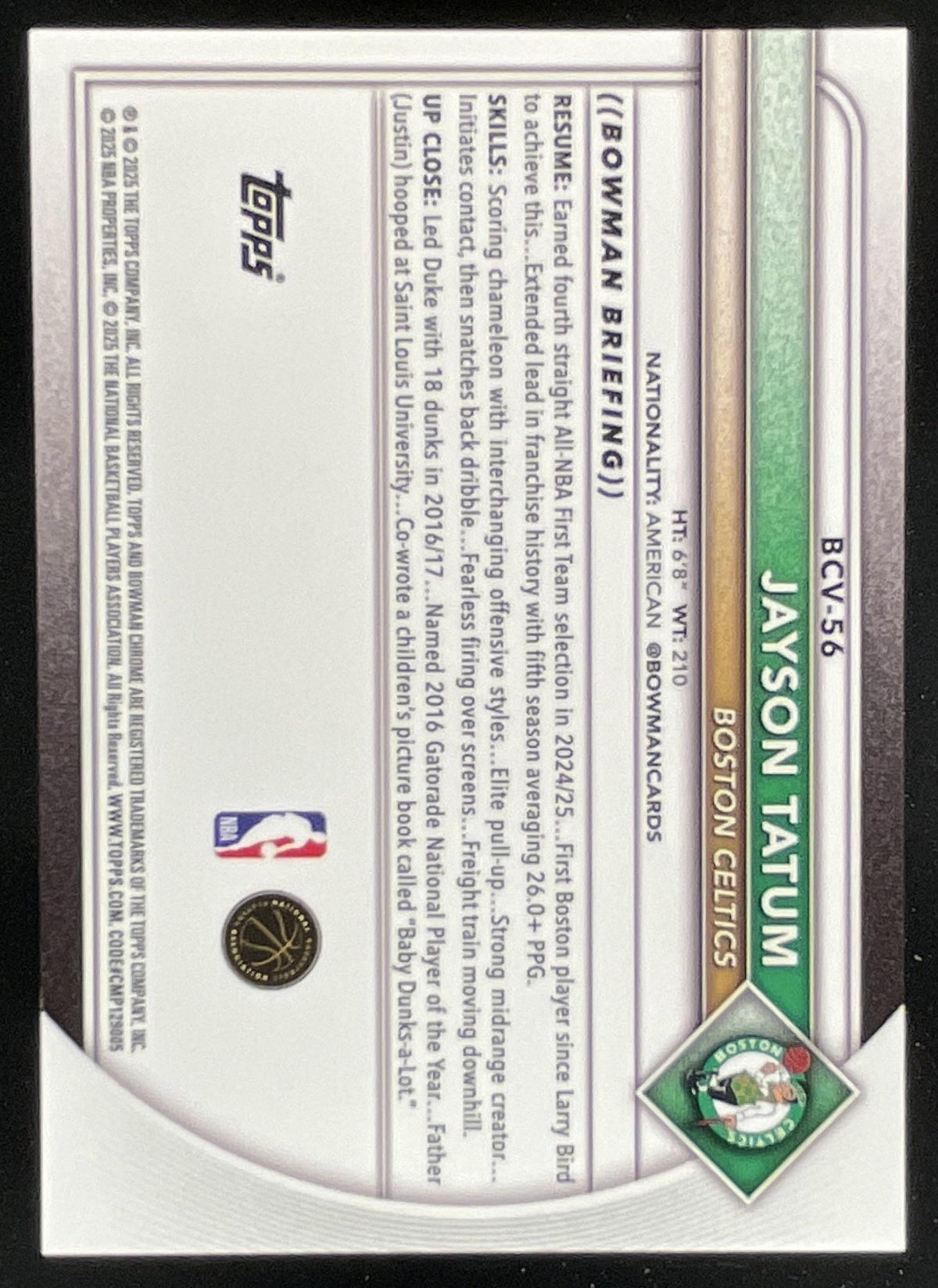 2025-26 Bowman Chrome Black Geometric Refractor #BCV-56 Jayson Tatum /10 product image 2, provided for visual reference and