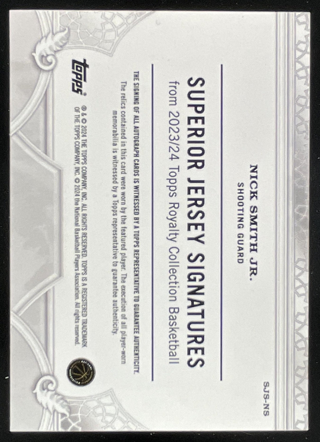 2023-24 Topps Royalty Collection Superior Jersey Gold Nick Smith Jr. RC Auto /10 product image 2, provided for visual