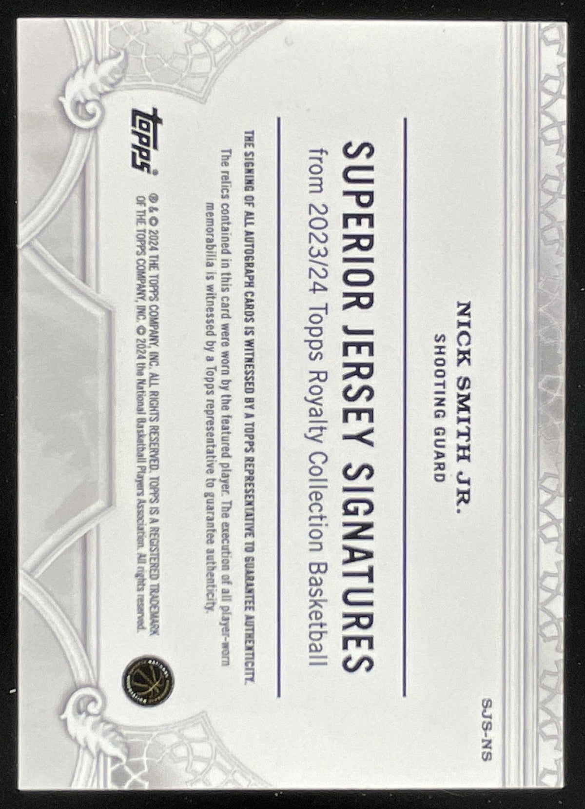 2023-24 Topps Royalty Collection Superior Jersey Gold Nick Smith Jr. RC Auto /10 product image 2, provided for visual