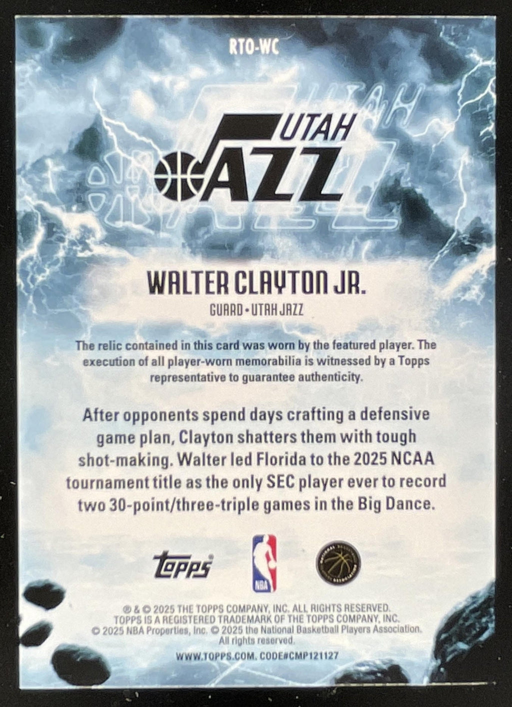 2025 Topps Rise to the Occasion Relic Orange Rainbow Walter Clayton Jr. RC /25 product image 2, provided for visual
