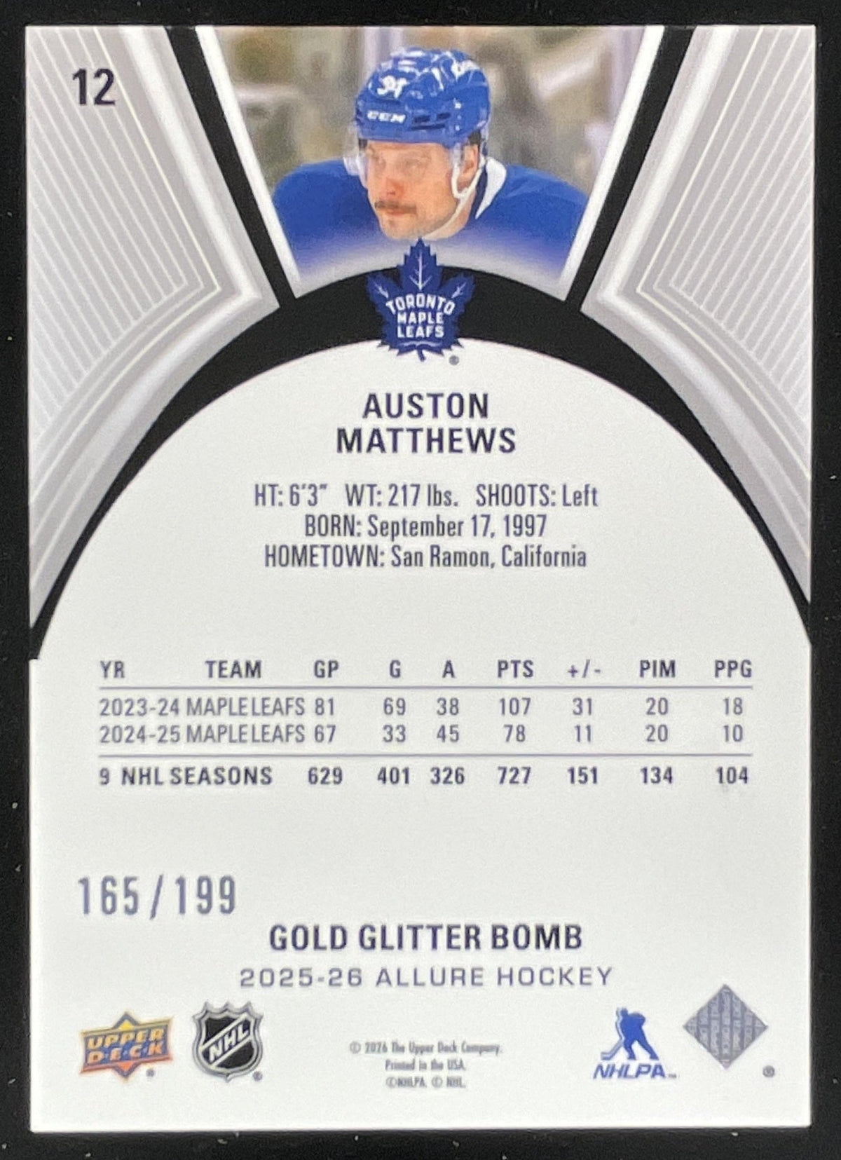 2025-26 Upper Deck Allure Gold Glitter Bomb #12 Auston Matthews /199 product image 2, provided for visual reference and