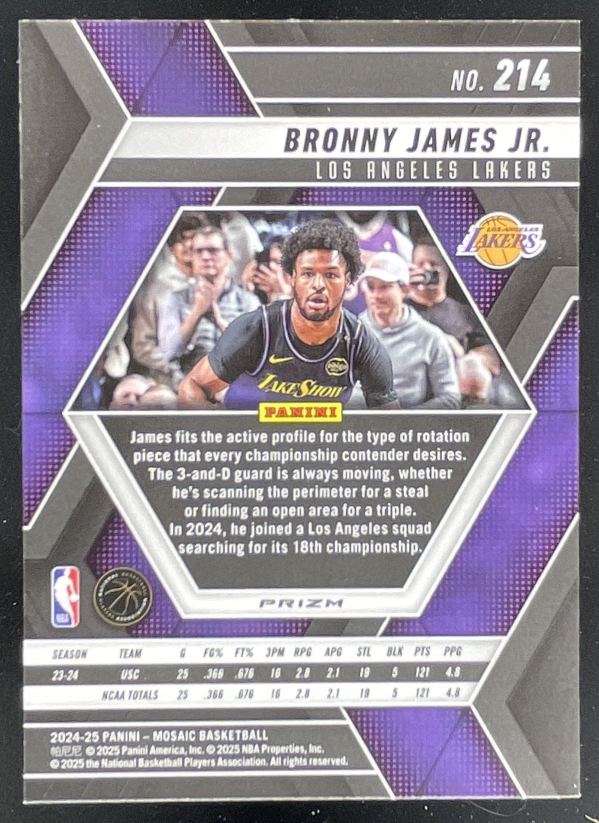 2024-25 Panini Mosaic Glitter Mosaic #214 Bronny James Jr. RC product image 2, provided for visual reference and product