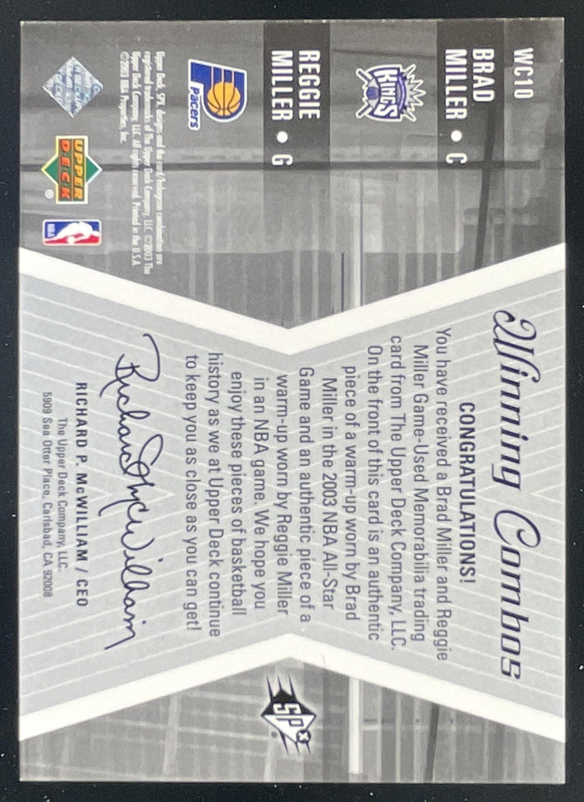 2003-04 SPx Winning Materials Combos #WC10 Brad Miller Reggie Miller MEM product image 2, provided for visual reference and