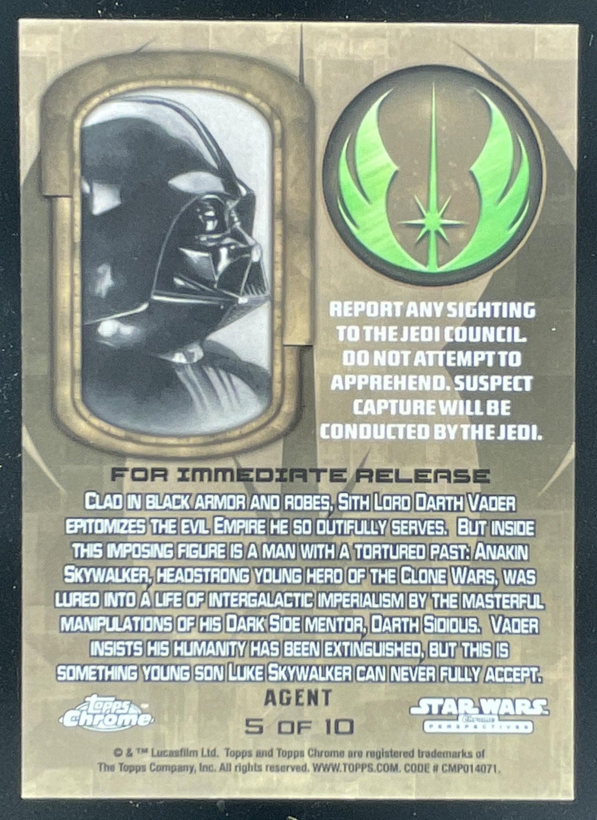 2015 Topps Chrome Star Wars Perspectives Jedi vs. Sith Fugitives #5 Darth Vader product image 2, provided for visual