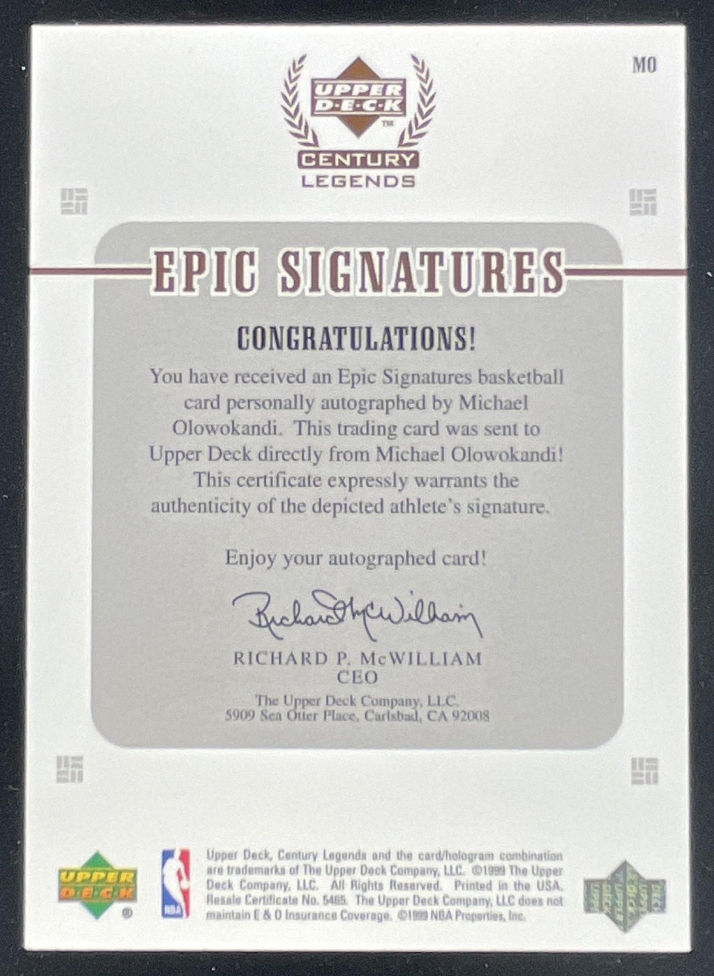 1998 Upper Deck Century Legends Epic Signatures #MO Michael Olowokandi RC Auto product image 2, provided for visual
