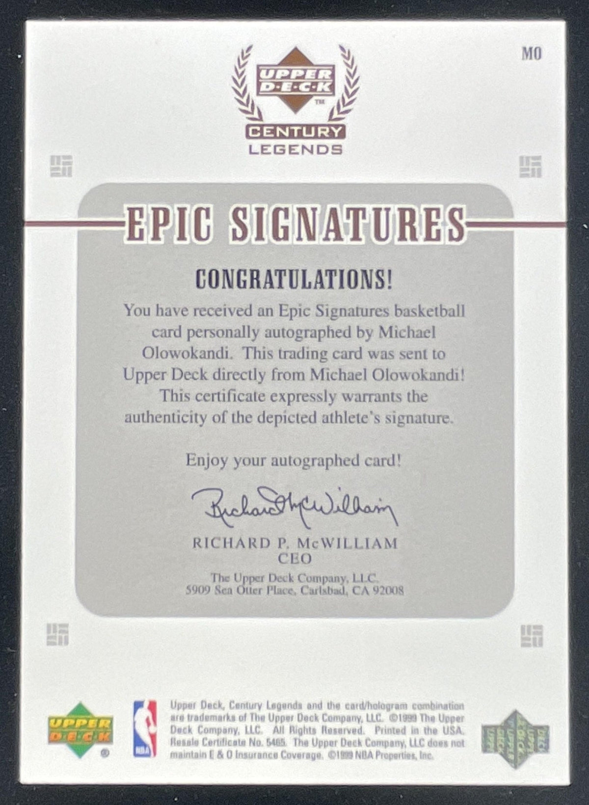 1998 Upper Deck Century Legends Epic Signatures #MO Michael Olowokandi RC Auto product image 2, provided for visual