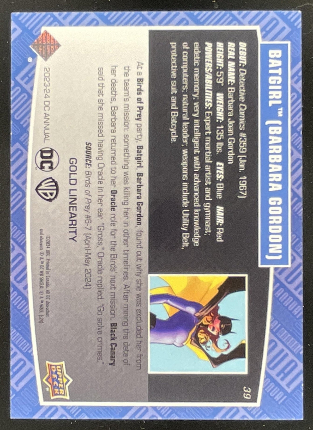 2023-24 Upper Deck DC Annual Gold Linearity #39 Batgirl Barbara Gordon /88 product image 2, provided for visual reference