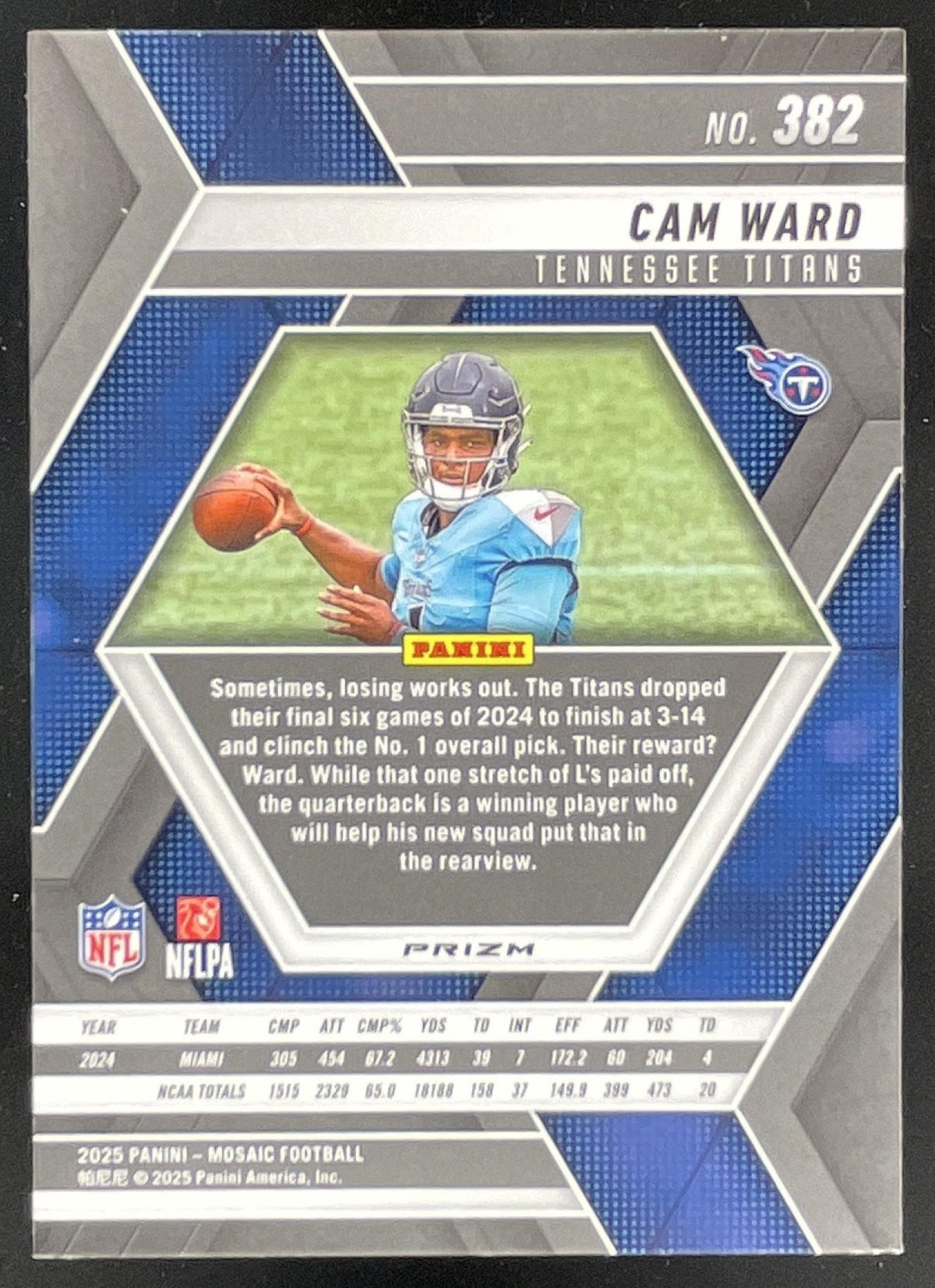 2025 Panini Mosaic Rookies Red and White Stripe Prizm #382 Cam Ward RC product image 2, provided for visual reference and
