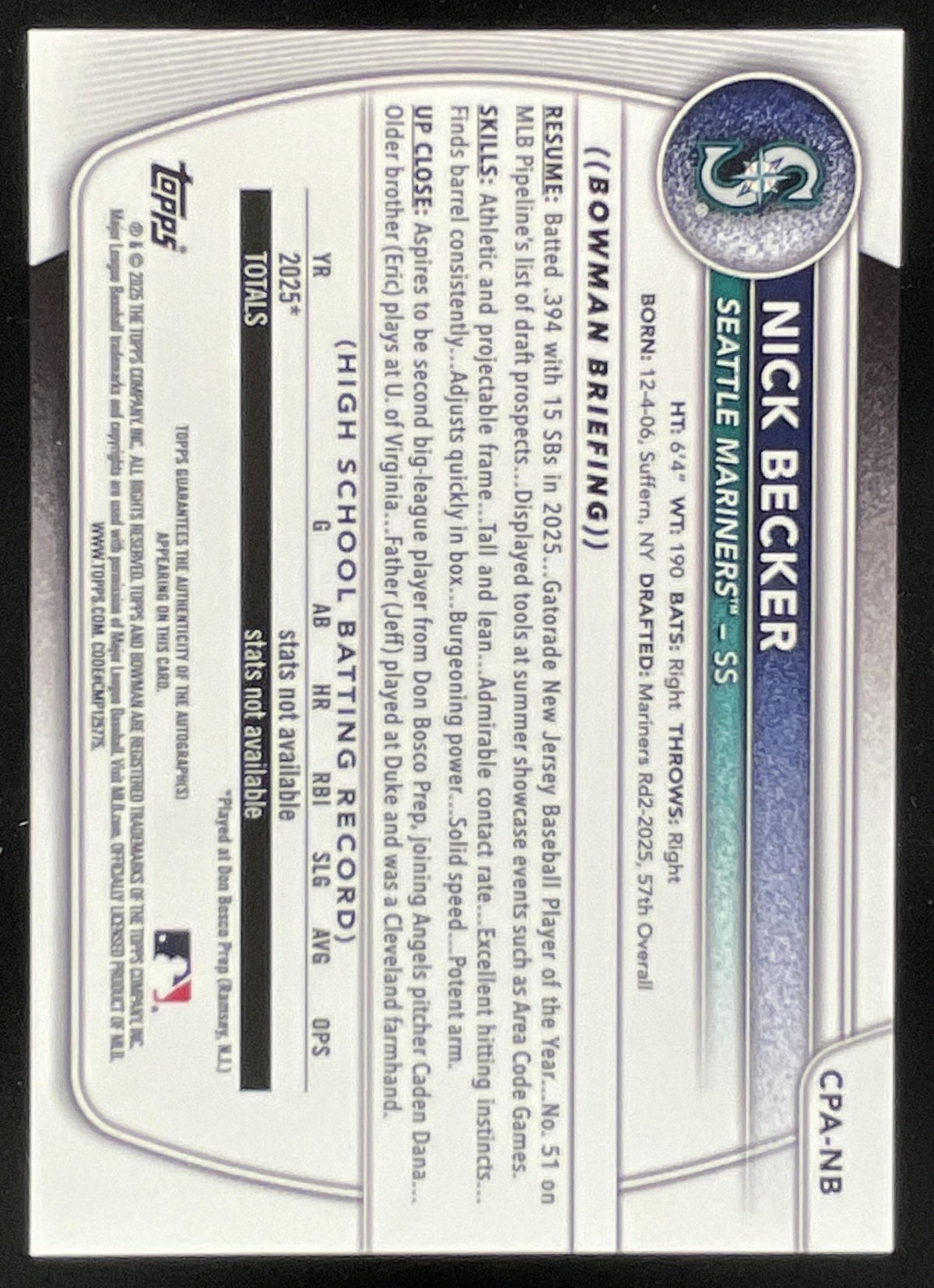 2025 Bowman Draft Chrome Prospect Autograph #CPA-NB Nick Becker RC Auto product image 2, provided for visual reference and