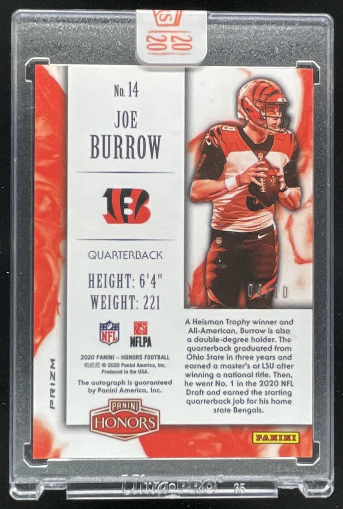 2020 Panini Honors Signatures Green #14 Joe Burrow RC Auto /10 product image 2, provided for visual reference and product