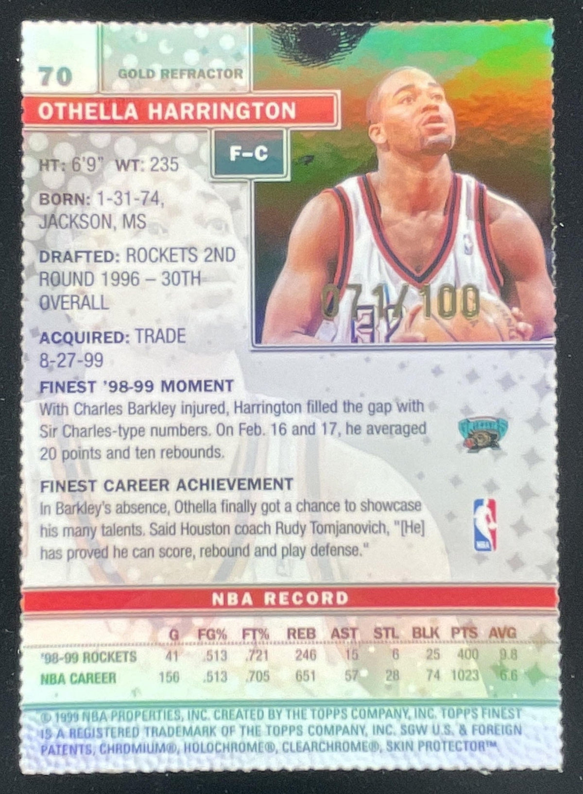 1999-00 Topps Finest Gold Refractors #70 Othella Harrington /100 product image 2, provided for visual reference and product