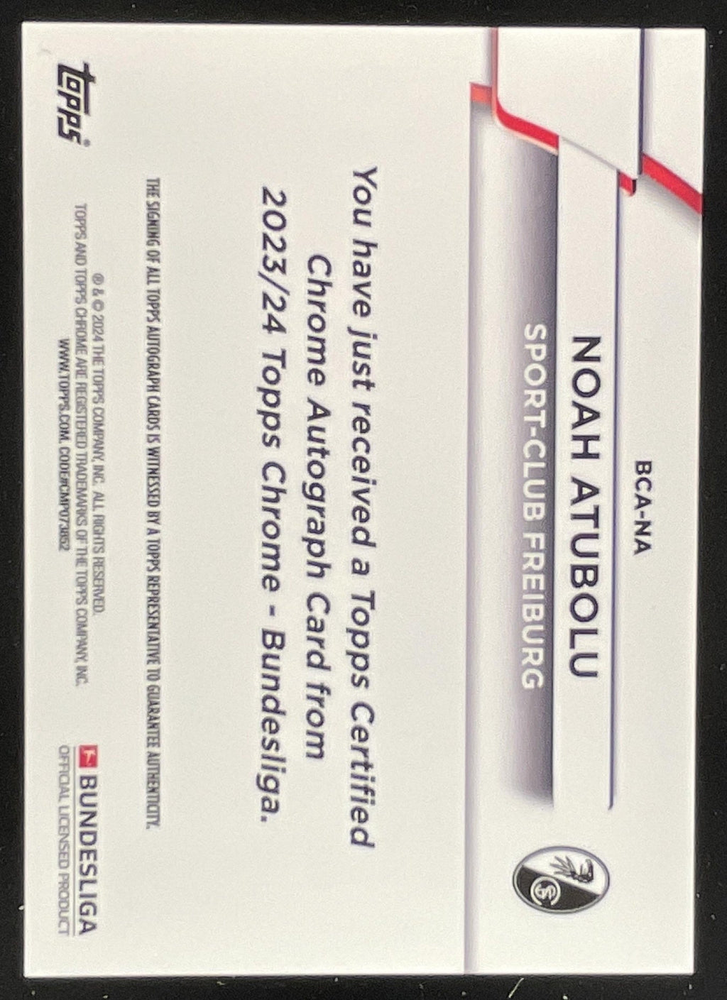 2023-24 Topps Chrome Bundesliga 60 Years Foil #BCA-NA Noah Atubolu RC Auto product image 2, provided for visual reference