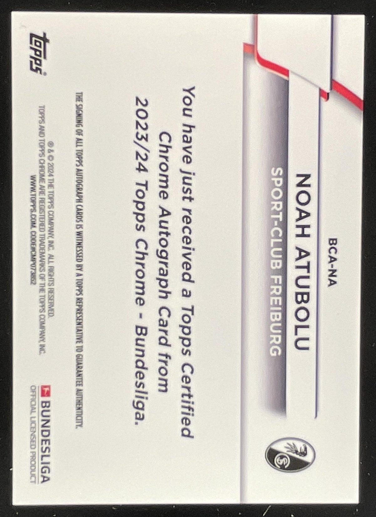 2023-24 Topps Chrome Bundesliga 60 Years Foil #BCA-NA Noah Atubolu RC Auto product image 2, provided for visual reference