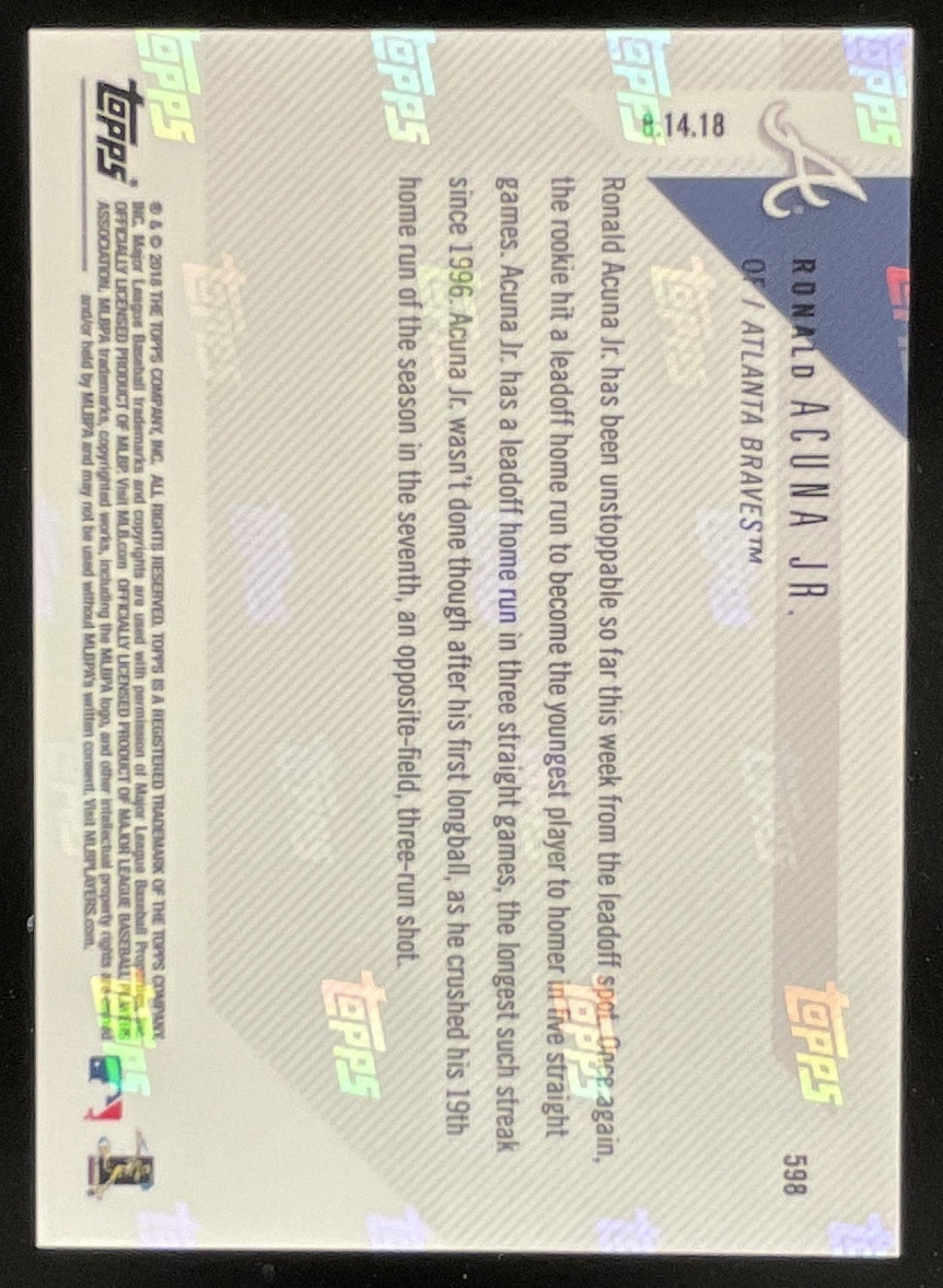 2018 Topps Now #598 Ronald Acuna Jr. RC product image 2, provided for visual reference and product detail review
