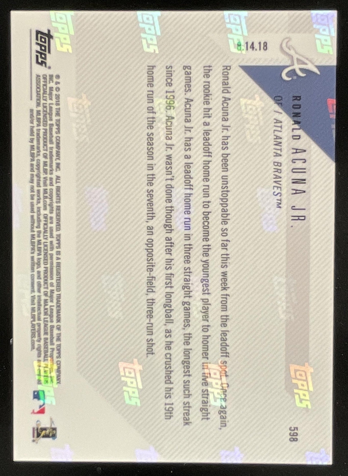 2018 Topps Now #598 Ronald Acuna Jr. RC product image 2, provided for visual reference and product detail review