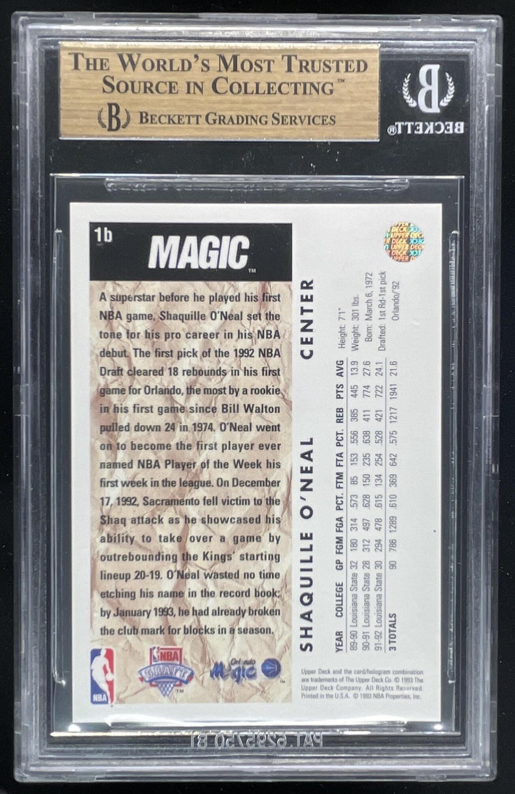 1992-93 Upper Deck #1b Shaquille O'Neal RC BGS 9.5 product image 2, provided for visual reference and product detail review