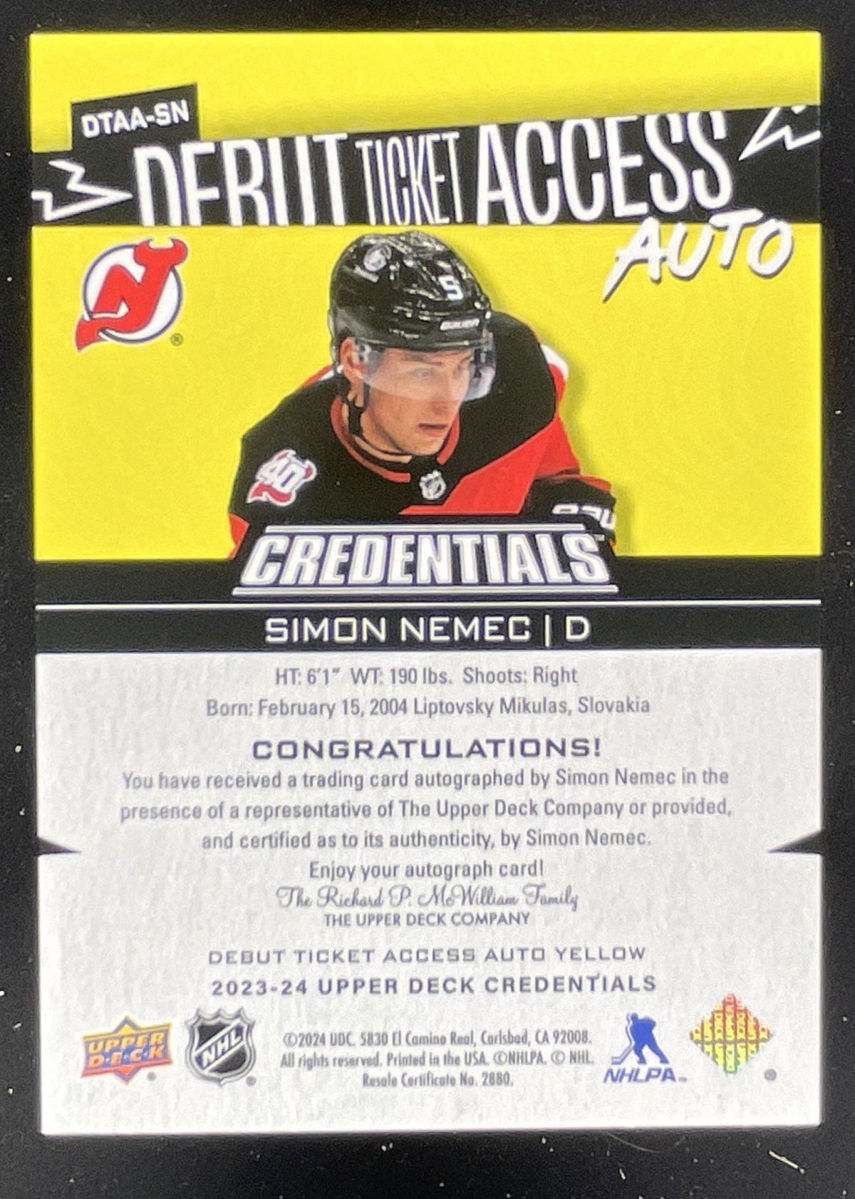 2023 Upper Deck Credentials Debut Ticket Access Yellow Simon Nemec RC Auto /75 product image 2, provided for visual