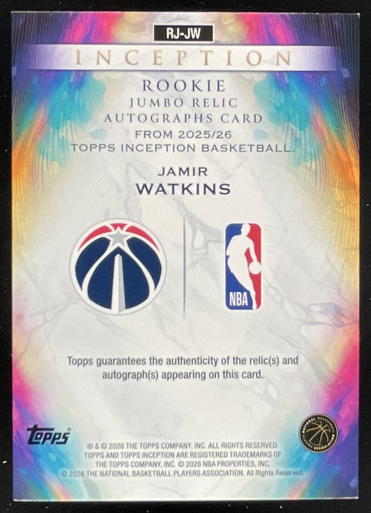 2025-26 Topps Inception Rookie Jumbo Relic Blue #RJ-JW Jamir Watkins RC Auto /25 product image 2, provided for visual