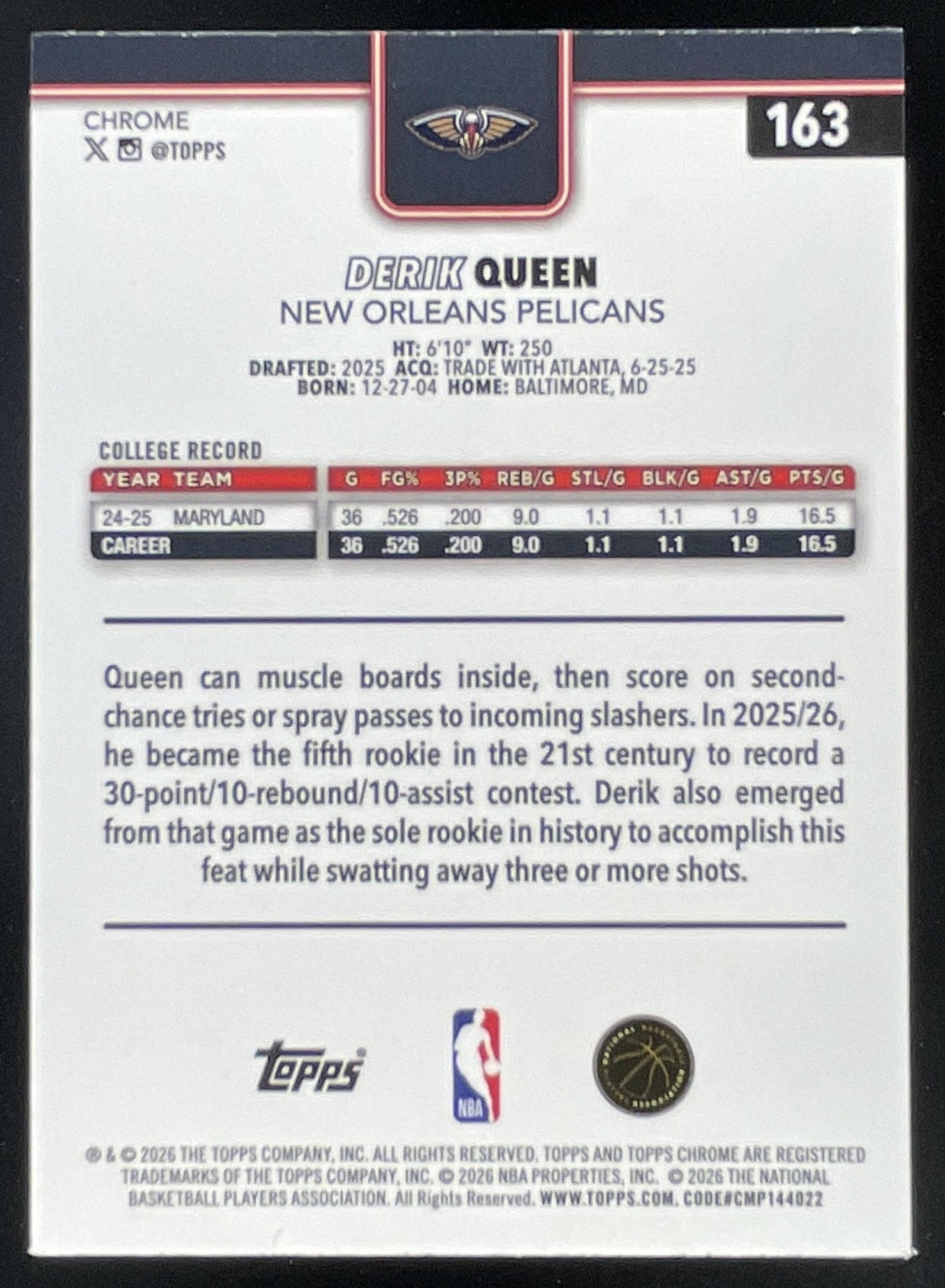 2025-26 Topps Chrome Update Skylight Refractor #163 Derik Queen RC product image 2, provided for visual reference and