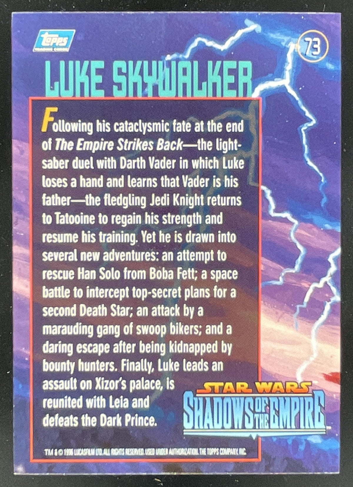 1996 Topps Star Wars Shadows of the Empire #73 Luke Skywalker product image 2, provided for visual reference and product