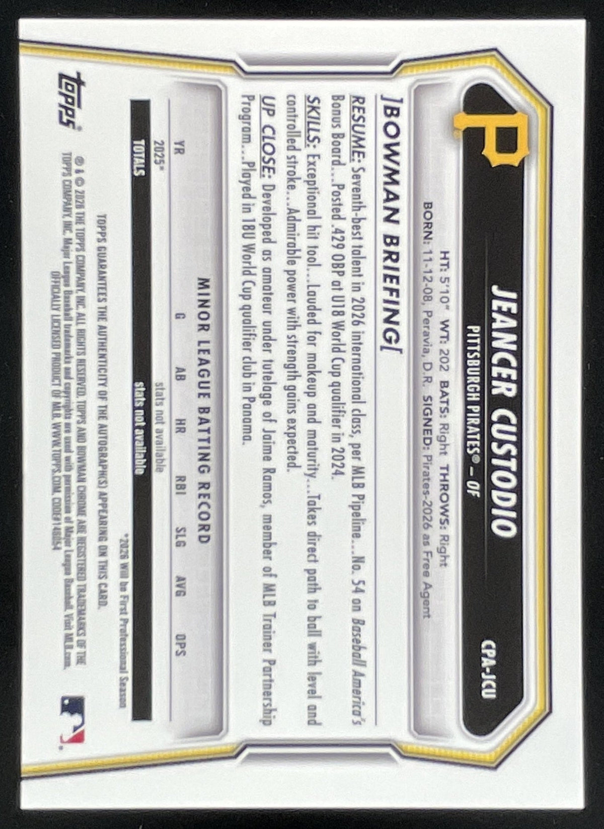 2026 Bowman Chrome Prospects Autograph #CPA-JCU Jeancer Custodio RC Auto product image 2, provided for visual reference and