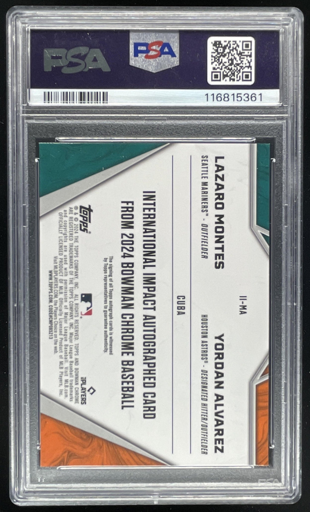 2024 Bowman Chrome Impact Orange Lazaro Montes Yordan Alvarez Auto /25 PSA 10 product image 2, provided for visual reference