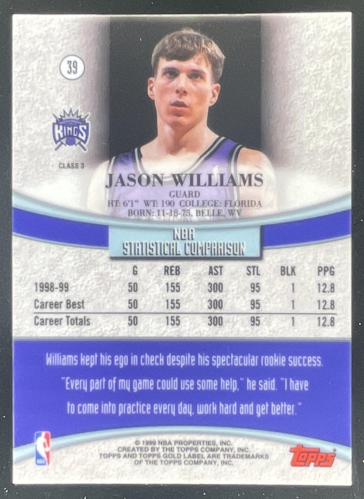 1999-00 Topps Gold Label Class 3 #39 Jason Williams product image 2, provided for visual reference and product detail review