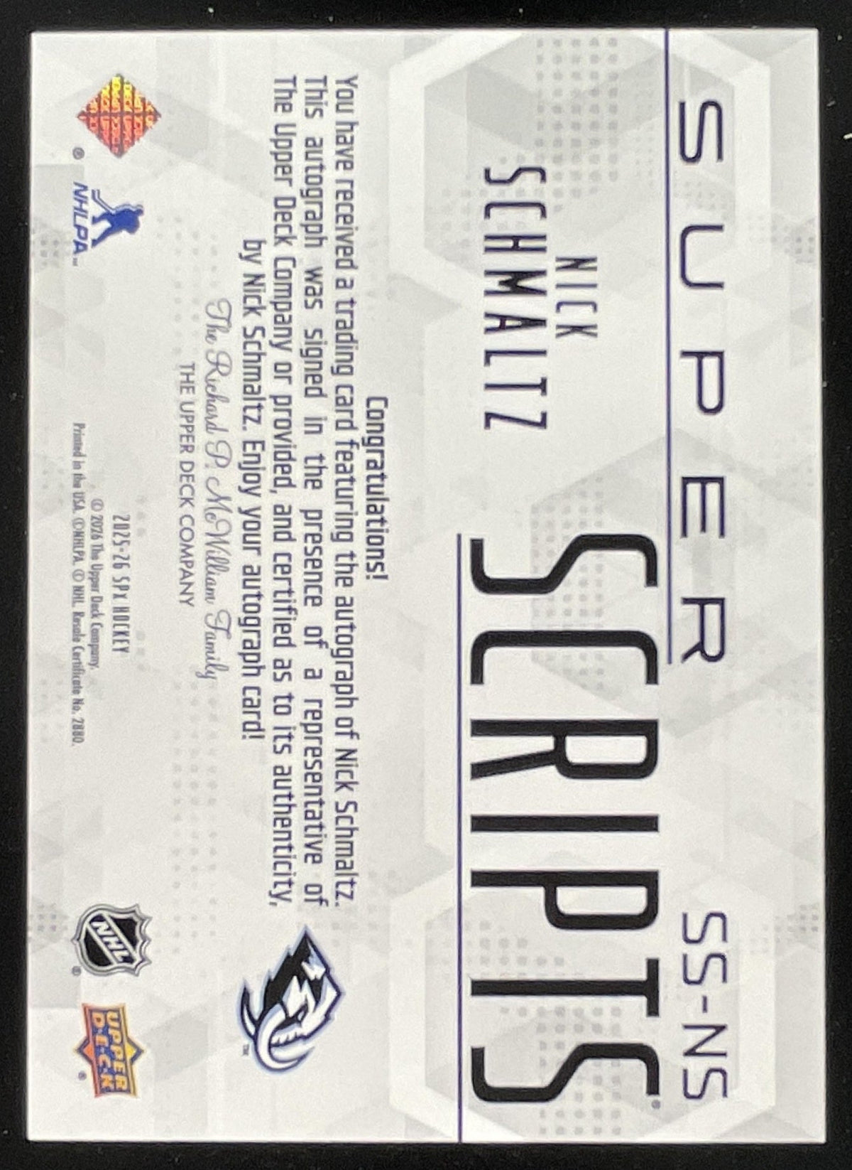 2025-26 Upper Deck SPx SuperScripts #SS-NS Nick Schmaltz Auto product image 2, provided for visual reference and product