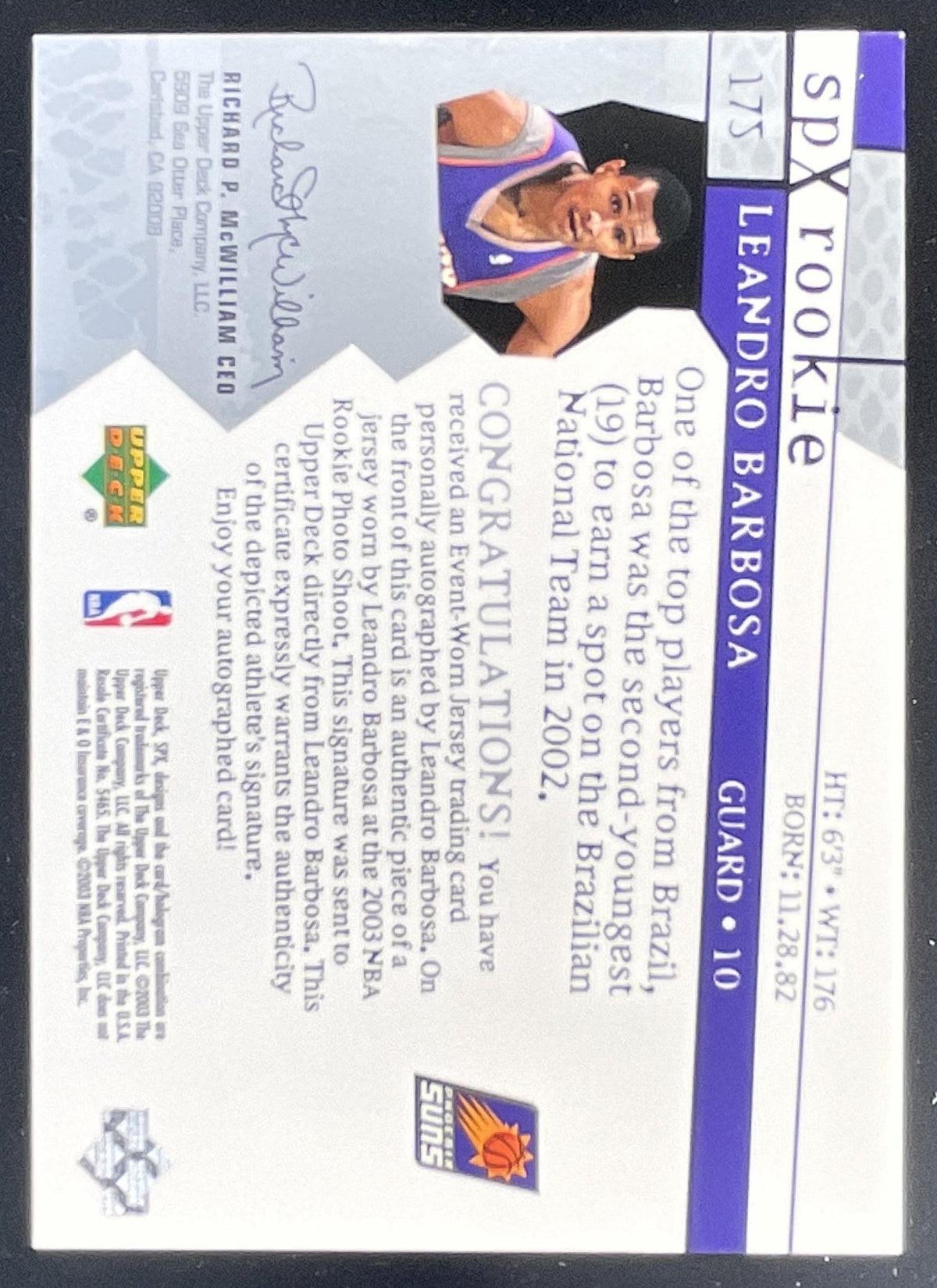 2003-04 Upper Deck SPx Leandro Barbosa Rookie Jersey Auto #175 /1999 product image 2, provided for visual reference and