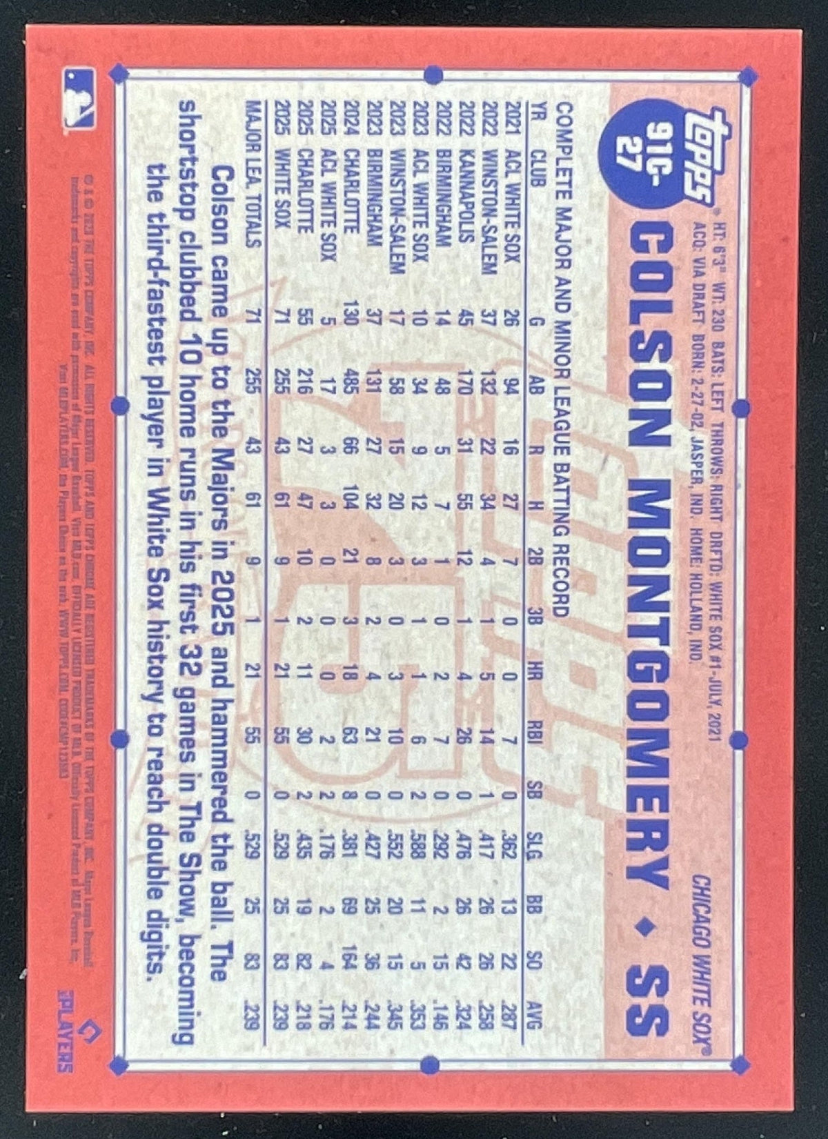 2026 Topps 1991 Chrome Silver Pack Orange Mojo Colson Montgomery RC Auto /25 product image 2, provided for visual reference