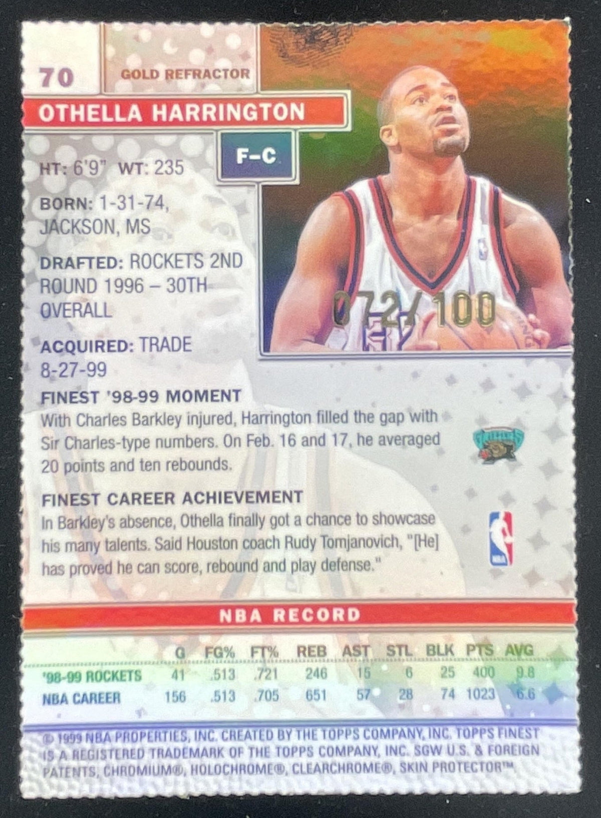 1999-00 Topps Finest Gold Refractors #70 Othella Harrington /100 product image 2, provided for visual reference and product