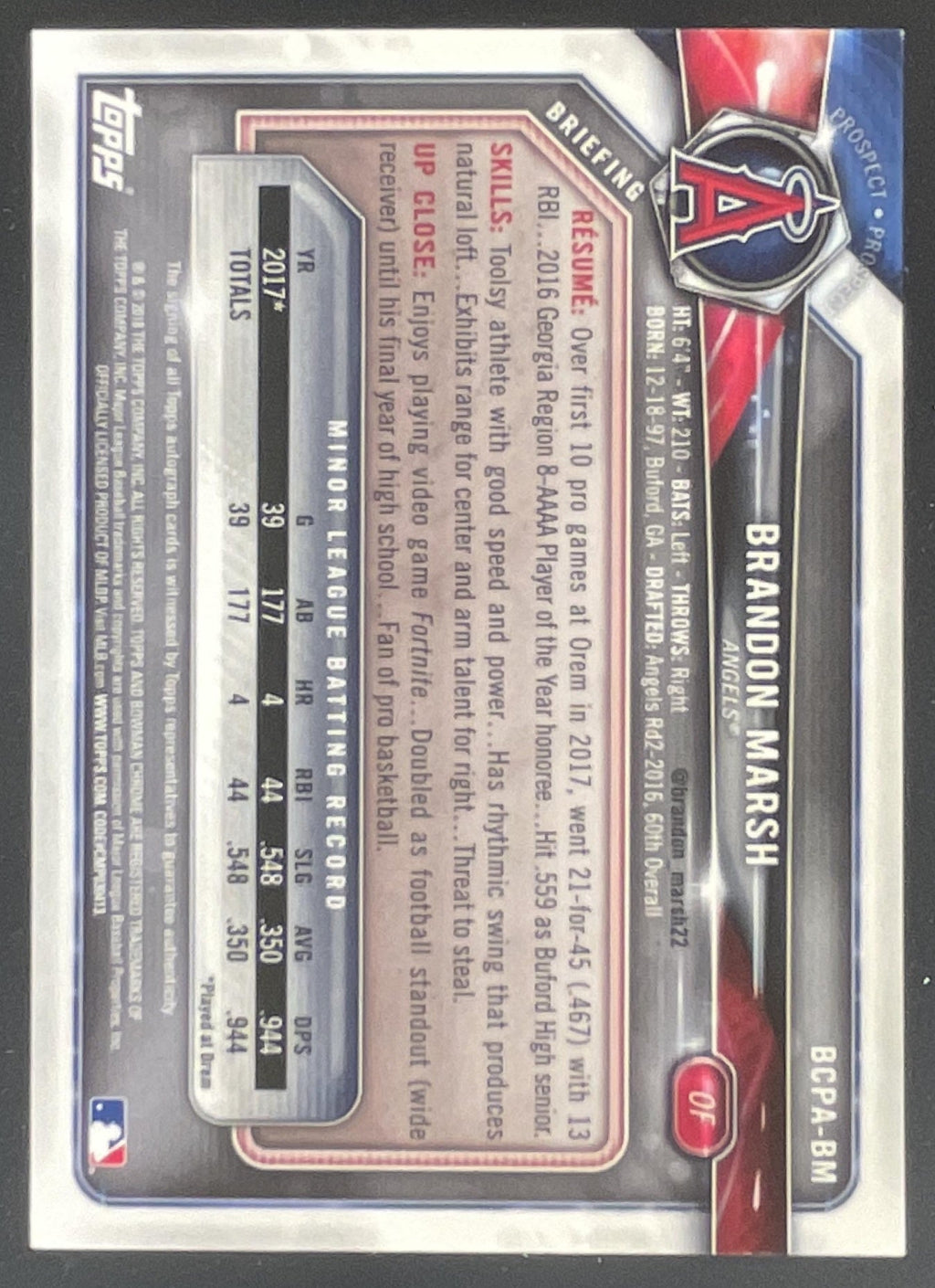 2018 Bowman Chrome Prospects Autographs #BCPA-BM Brandon Marsh Auto product image 2, provided for visual reference and