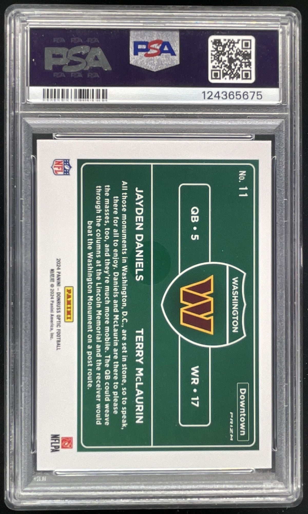 2024 Donruss Optic Downtown Duos #11 Jayden Daniels Terry McLaurin RC SSP PSA 9 product image 2, provided for visual