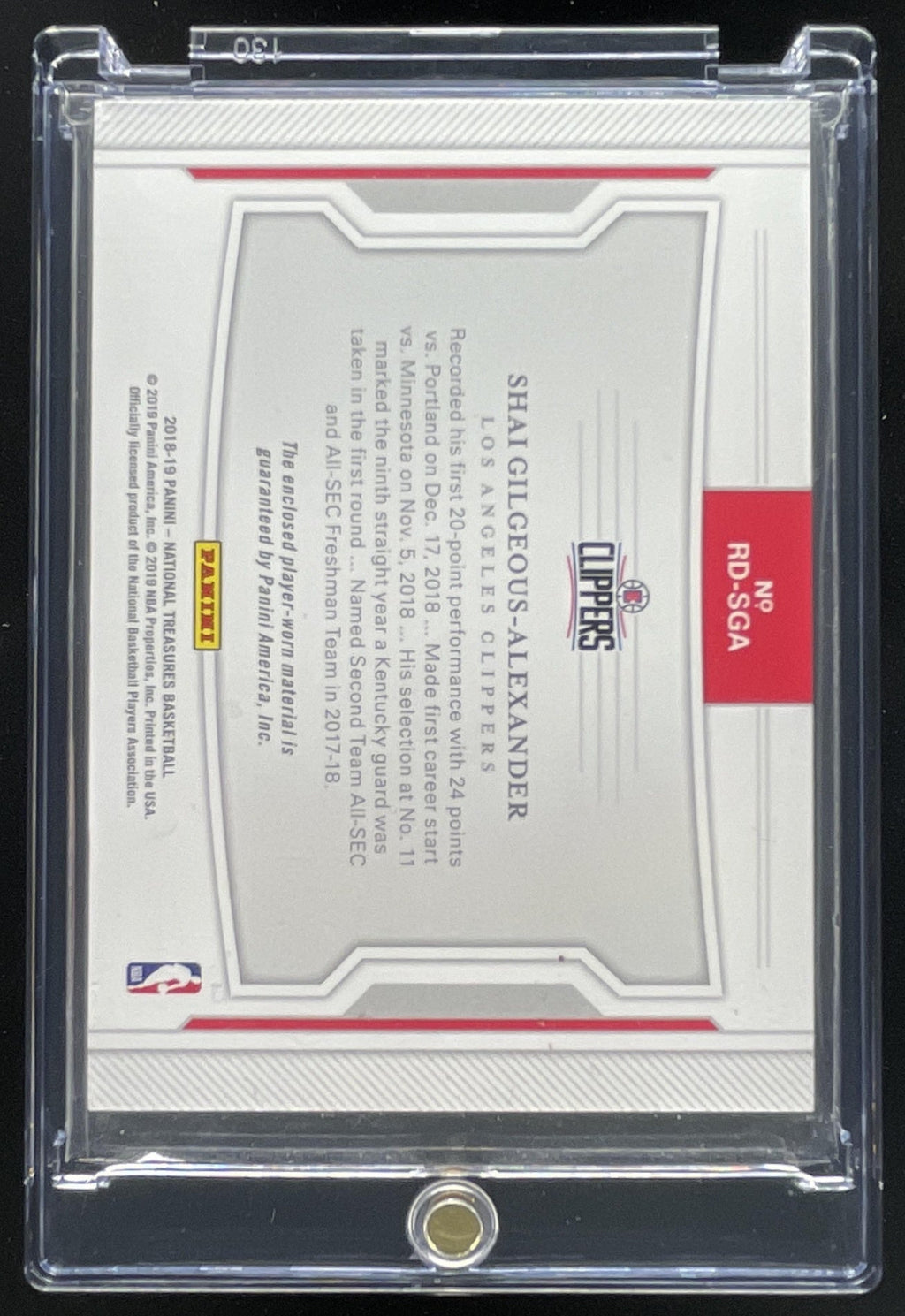 2018-19 National Treasures Dual Materials #RD-SGA Shai Gilgeous-Alexander RC /99 product image 2, provided for visual