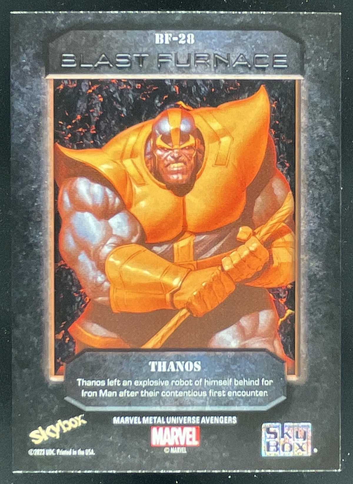 2024 Skybox Metal Universe Marvel Avengers Blast Furnace #BF-28 Thanos SP product image 2, provided for visual reference and