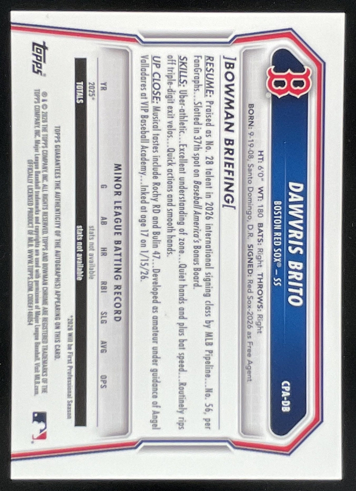 2026 Bowman Chrome Prospects Autograph #CPA-DB Dawvris Brito RC Auto product image 2, provided for visual reference and