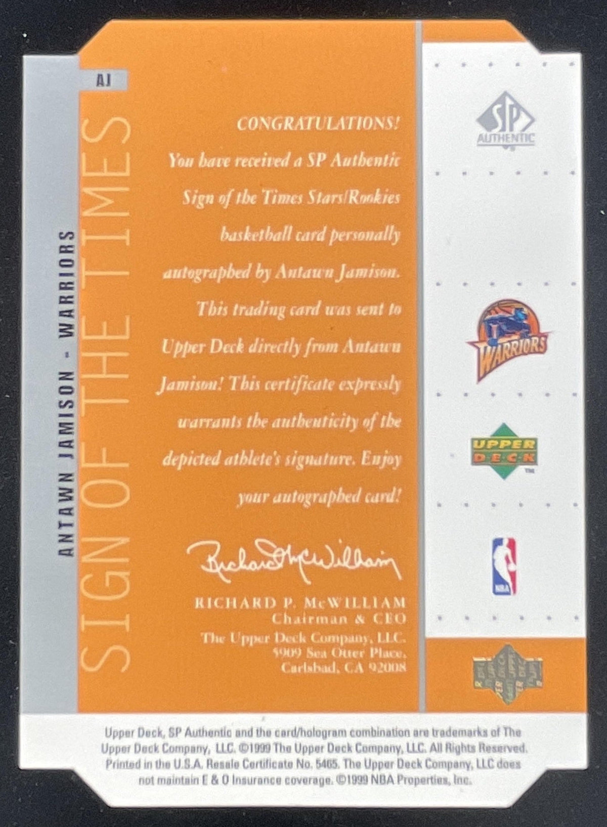 1999-00 SP Authentic Sign of the Times #AJ Antawn Jamison Auto product image 2, provided for visual reference and product