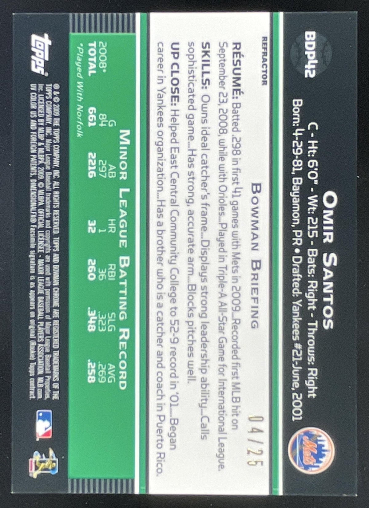 2009 Bowman Draft Picks & Prospects Chrome Orange #BDP42 Omir Santos RC /25 product image 2, provided for visual reference