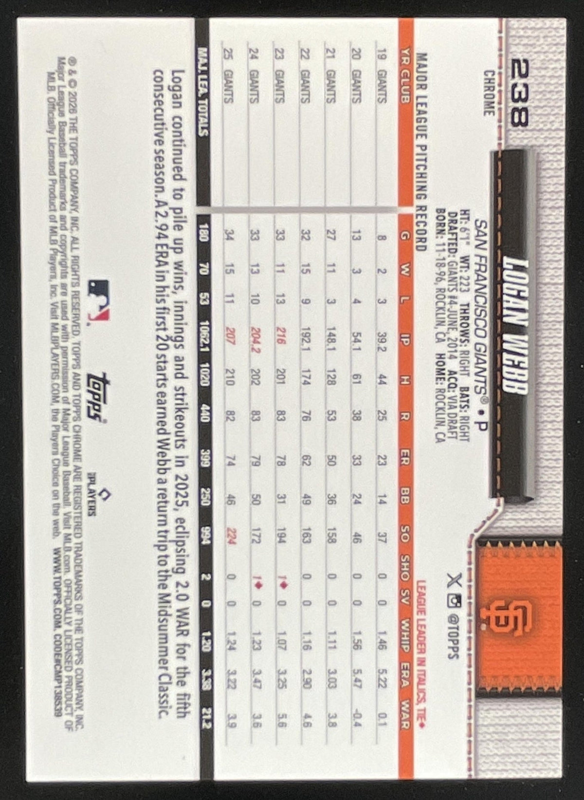 2026 Topps Chrome Black Refractor #238 Logan Webb /10 product image 2, provided for visual reference and product detail