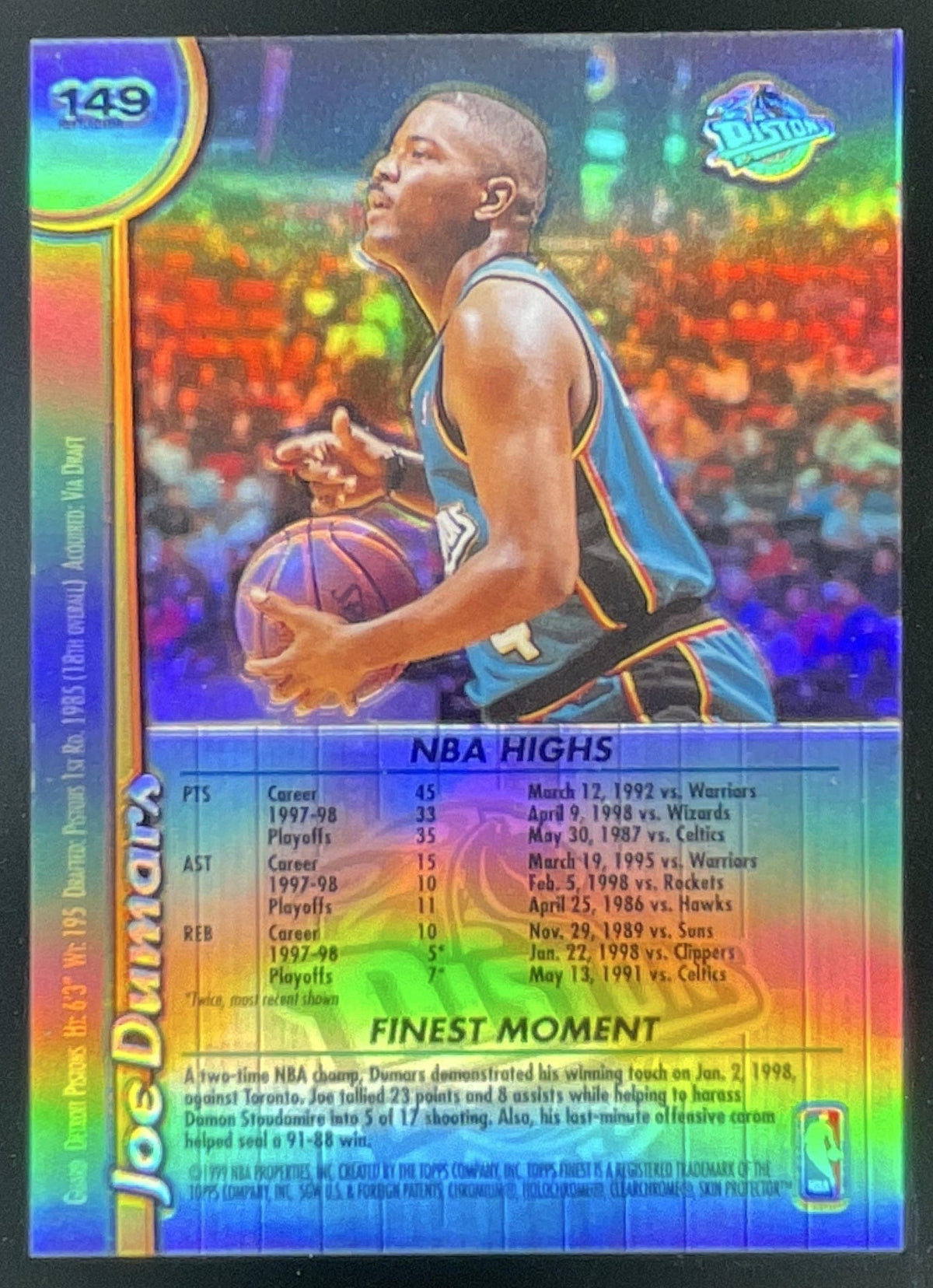 1998-99 Topps Finest Refractors #149 Joe Dumars product image 2, provided for visual reference and product detail review