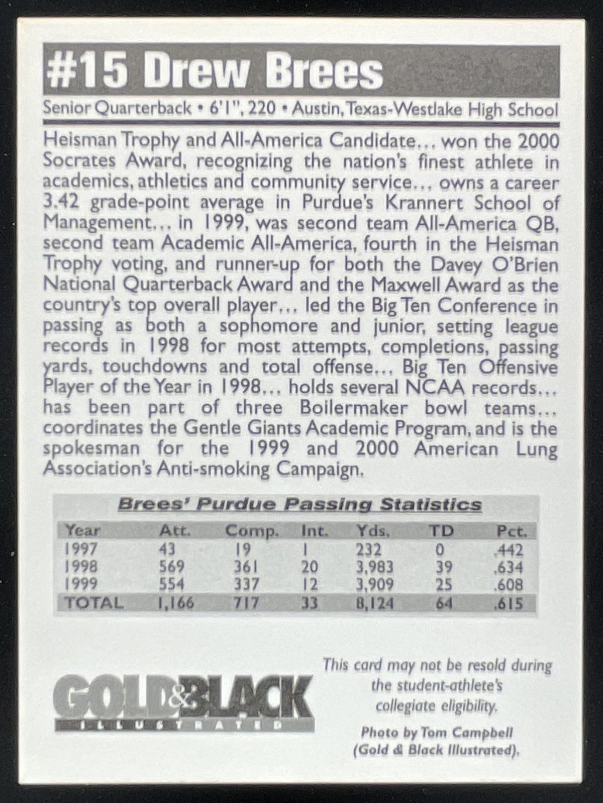 2000 Drew Brees Purdue "Don't Smoke" Promo Card #15 product image 2, provided for visual reference and product detail review