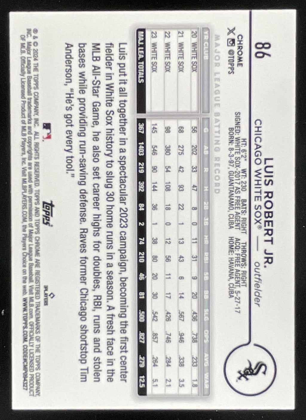 2024 Topps Chrome Big Apple Refractor #86 Luis Robert Jr. product image 2, provided for visual reference and product detail