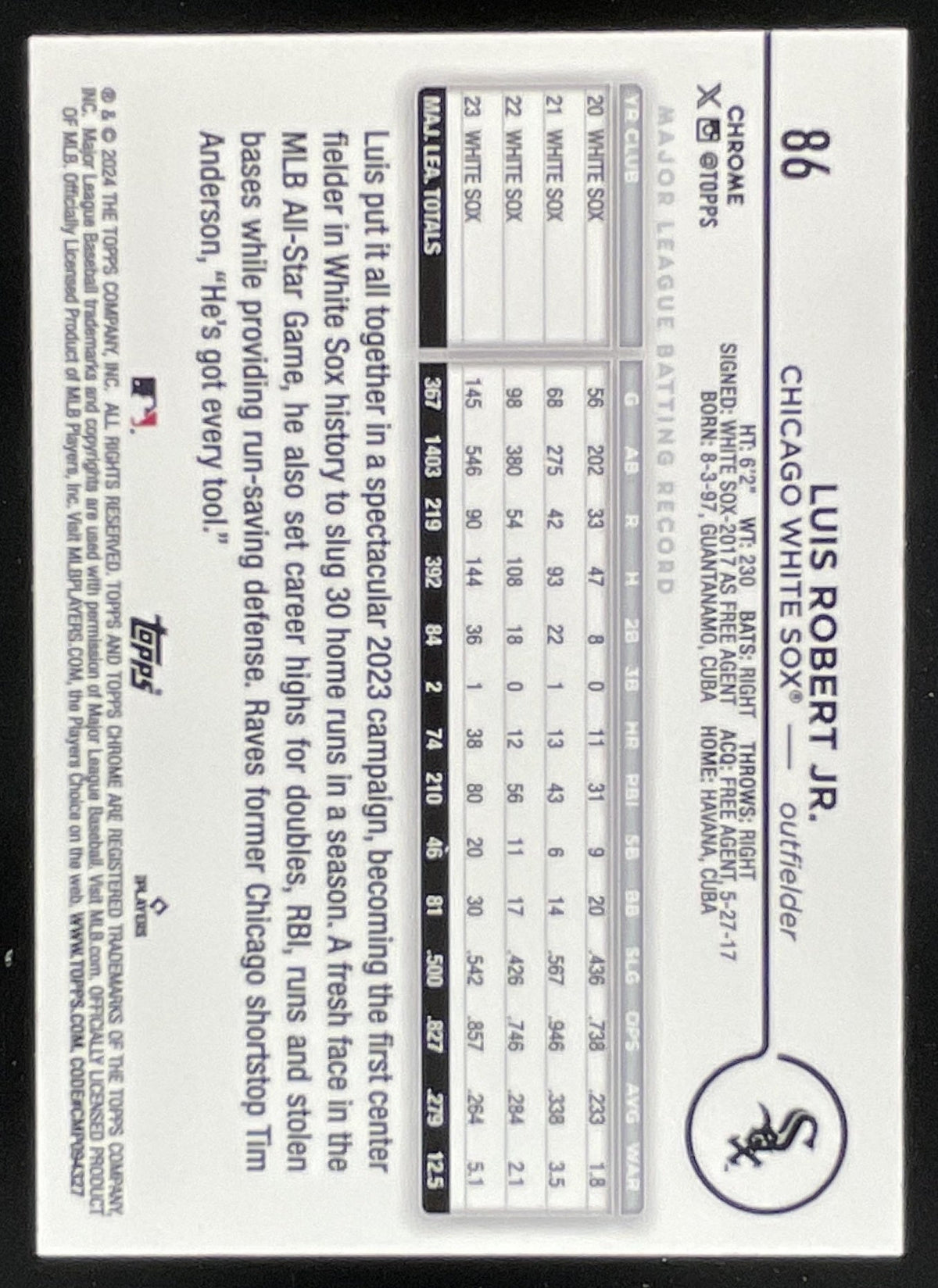 2024 Topps Chrome Big Apple Refractor #86 Luis Robert Jr. product image 2, provided for visual reference and product detail