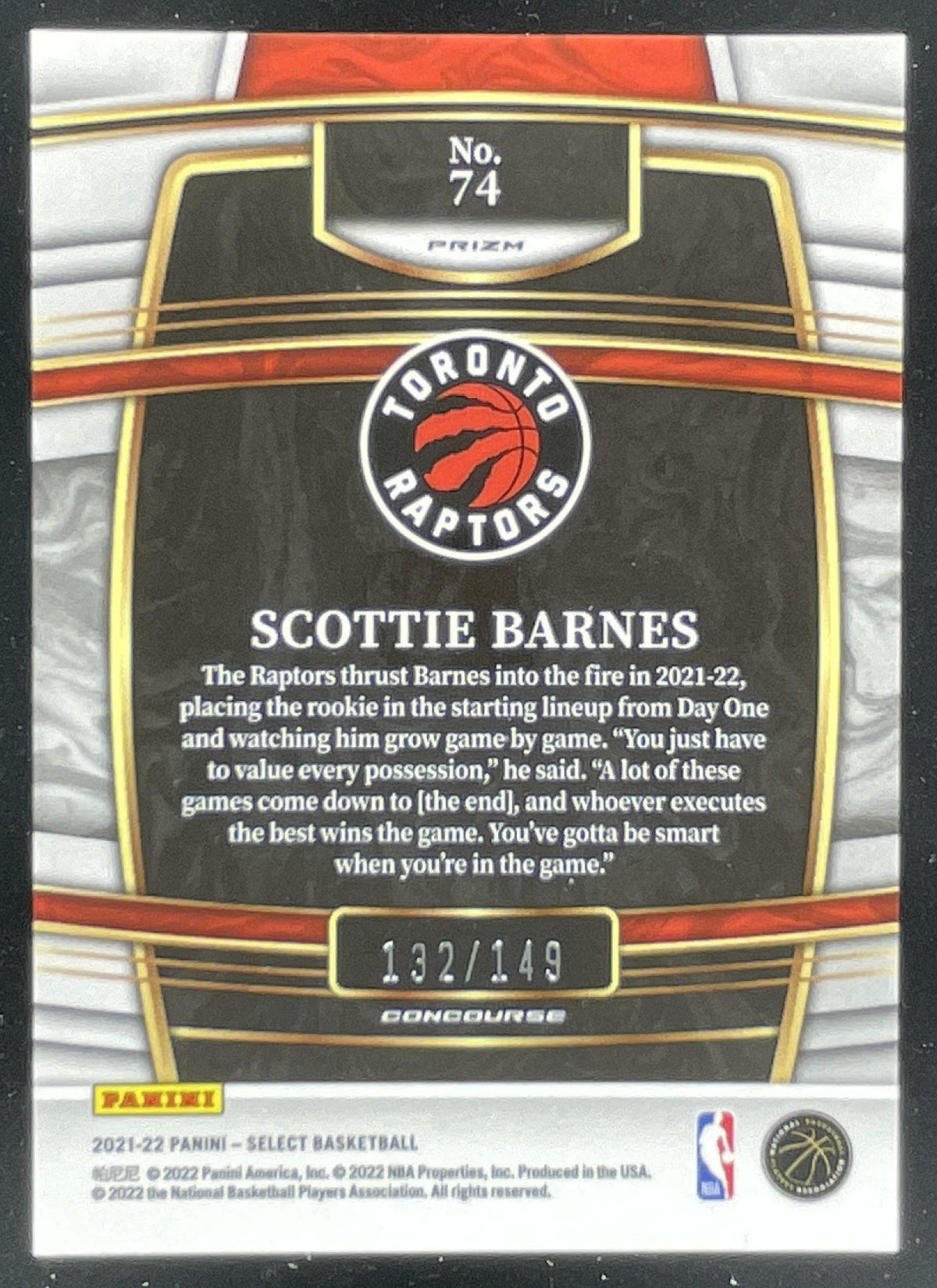 2021-22 Panini Select White Prizms #74 Scottie Barnes RC Concourse /149 product image 2, provided for visual reference and